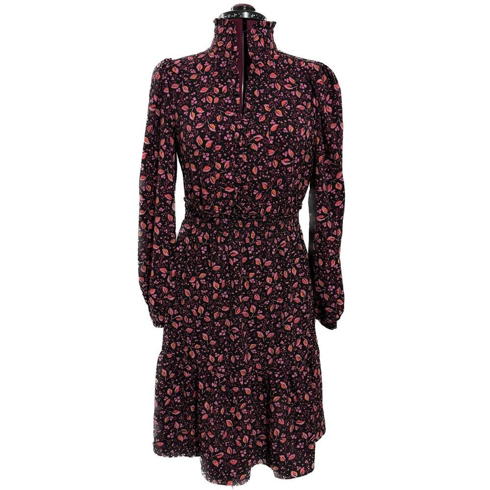 LONDON TIMES Floral Smocked Dress 8 Black Ruffle Cottagecore Long Sleeve NWT